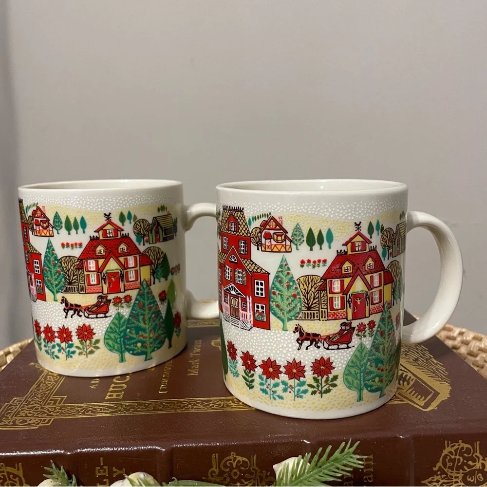 Vintage Otagiri Winter Scene Coffee Mugs Set of Two